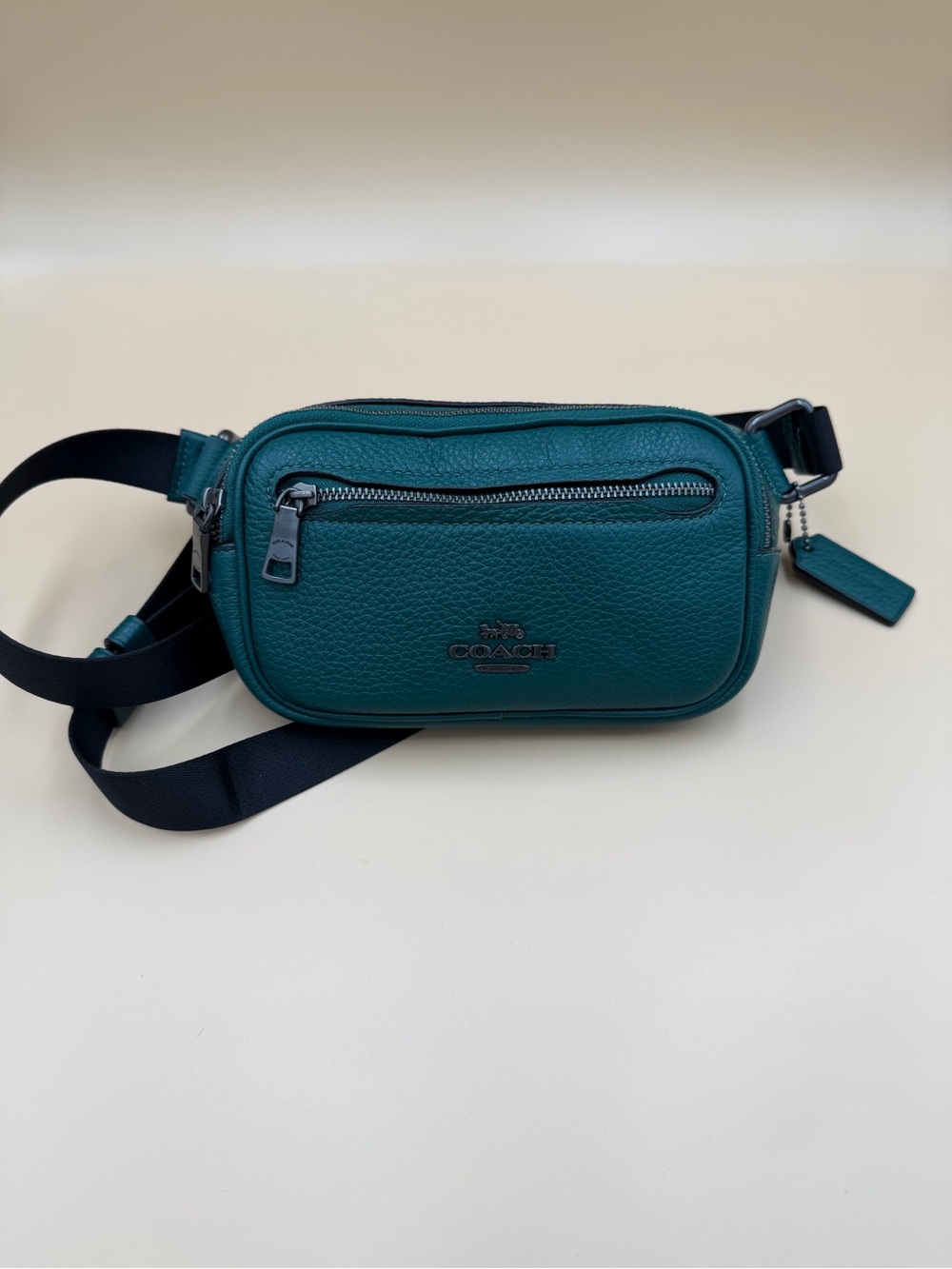 Coach Teal Pebbled Leather Belt Bag with Black Strap